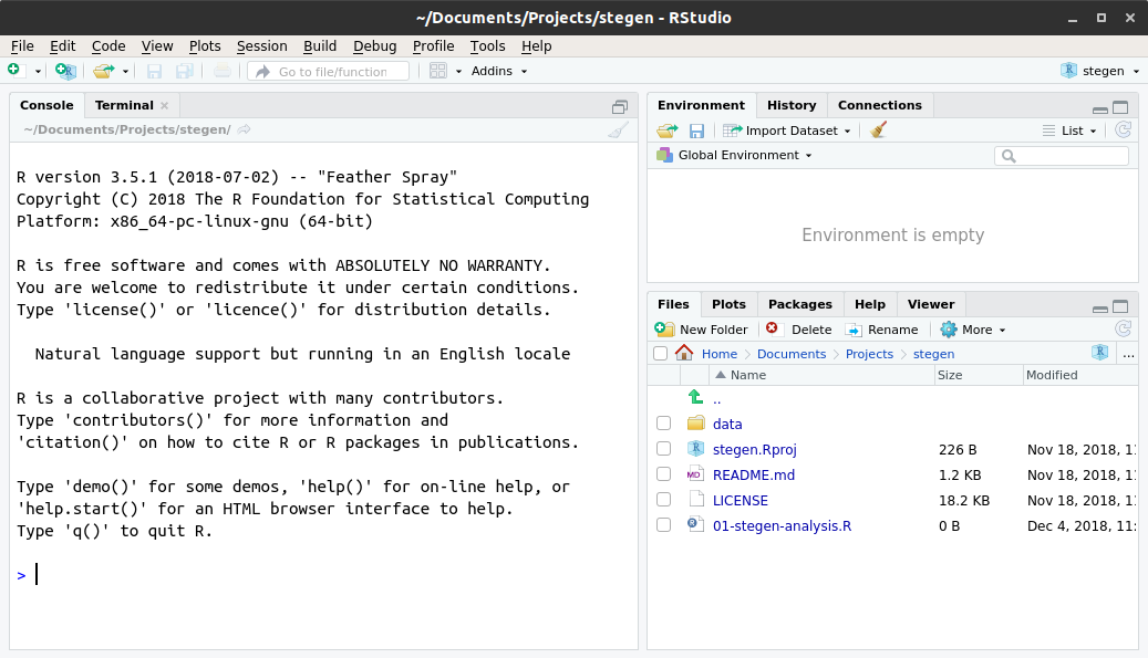 Screenshot of RStudio project set to stegen with all the data
files